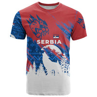 Serbia Christmas T Shirt with Wolf Howling Moon Serbian Flag and Red Blue White Winter Forest Pattern Design - Wonder Print Shop