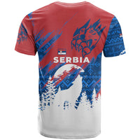 Serbia Christmas T Shirt with Wolf Howling Moon Serbian Flag and Red Blue White Winter Forest Pattern Design - Wonder Print Shop