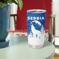 Serbia Christmas Tumbler Cup with Wolf Howling Moon Serbian Flag and Red Blue White Winter Forest Pattern Design - Wonder Print Shop