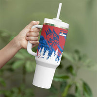 Serbia Christmas Tumbler With Handle with Wolf Howling Moon Serbian Flag and Red Blue White Winter Forest Pattern Design - Wonder Print Shop