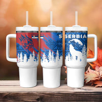 Serbia Christmas Tumbler With Handle with Wolf Howling Moon Serbian Flag and Red Blue White Winter Forest Pattern Design - Wonder Print Shop