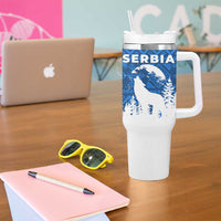 Serbia Christmas Tumbler With Handle with Wolf Howling Moon Serbian Flag and Red Blue White Winter Forest Pattern Design - Wonder Print Shop