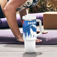 Serbia Christmas Tumbler With Handle with Wolf Howling Moon Serbian Flag and Red Blue White Winter Forest Pattern Design - Wonder Print Shop