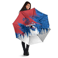 Serbia Christmas Umbrella with Wolf Howling Moon Serbian Flag and Red Blue White Winter Forest Pattern Design - Wonder Print Shop