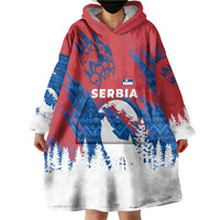 Serbia Christmas Wearable Blanket Hoodie with Wolf Howling Moon Serbian Flag and Red Blue White Winter Forest Pattern Design - Wonder Print Shop