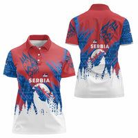 Serbia Christmas Women Polo Shirt with Wolf Howling Moon Serbian Flag and Red Blue White Winter Forest Pattern Design - Wonder Print Shop