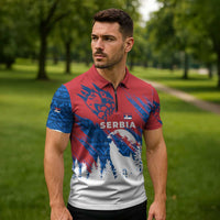 Serbia Christmas Zipper Polo Shirt with Wolf Howling Moon Serbian Flag and Red Blue White Winter Forest Pattern Design - Wonder Print Shop