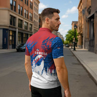Serbia Christmas Zipper Polo Shirt with Wolf Howling Moon Serbian Flag and Red Blue White Winter Forest Pattern Design - Wonder Print Shop