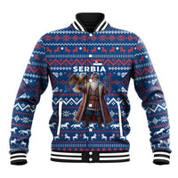 Serbia Christmas Baseball Jacket with Traditional Santa Eagle Serbian Coat of Arms and Blue Red White Folk Pattern Design - Wonder Print Shop