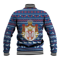 Serbia Christmas Baseball Jacket with Traditional Santa Eagle Serbian Coat of Arms and Blue Red White Folk Pattern Design - Wonder Print Shop