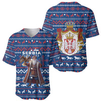 Serbia Christmas Baseball Jersey with Traditional Santa Eagle Serbian Coat of Arms and Blue Red White Folk Pattern Design - Wonder Print Shop