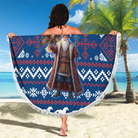 Serbia Christmas Beach Blanket with Traditional Santa Eagle Serbian Coat of Arms and Blue Red White Folk Pattern Design - Wonder Print Shop