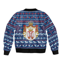 Serbia Christmas Bomber Jacket with Traditional Santa Eagle Serbian Coat of Arms and Blue Red White Folk Pattern Design - Wonder Print Shop