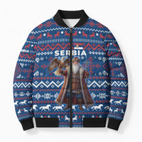 Serbia Christmas Bomber Puffer Jacket with Traditional Santa Eagle Serbian Coat of Arms and Blue Red White Folk Pattern Design - Wonder Print Shop