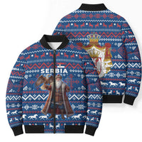 Serbia Christmas Bomber Puffer Jacket with Traditional Santa Eagle Serbian Coat of Arms and Blue Red White Folk Pattern Design - Wonder Print Shop