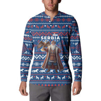 Serbia Christmas Button Sweatshirt with Traditional Santa Eagle Serbian Coat of Arms and Blue Red White Folk Pattern Design - Wonder Print Shop