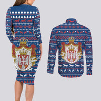Serbia Christmas Couples Matching Long Sleeve Bodycon Dress and Long Sleeve Button Shirt with Traditional Santa Eagle Serbian Coat of Arms and Blue Red White Folk Pattern Design - Wonder Print Shop