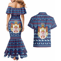 Serbia Christmas Couples Matching Mermaid Dress and Hawaiian Shirt with Traditional Santa Eagle Serbian Coat of Arms and Blue Red White Folk Pattern Design - Wonder Print Shop