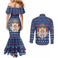 Serbia Christmas Couples Matching Mermaid Dress and Long Sleeve Button Shirt with Traditional Santa Eagle Serbian Coat of Arms and Blue Red White Folk Pattern Design - Wonder Print Shop