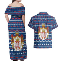 Serbia Christmas Couples Matching Off Shoulder Maxi Dress and Hawaiian Shirt with Traditional Santa Eagle Serbian Coat of Arms and Blue Red White Folk Pattern Design - Wonder Print Shop