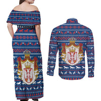 Serbia Christmas Couples Matching Off Shoulder Maxi Dress and Long Sleeve Button Shirt with Traditional Santa Eagle Serbian Coat of Arms and Blue Red White Folk Pattern Design - Wonder Print Shop