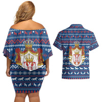 Serbia Christmas Couples Matching Off Shoulder Short Dress and Hawaiian Shirt with Traditional Santa Eagle Serbian Coat of Arms and Blue Red White Folk Pattern Design - Wonder Print Shop
