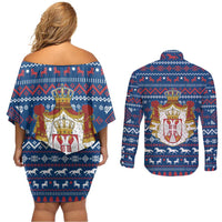 Serbia Christmas Couples Matching Off Shoulder Short Dress and Long Sleeve Button Shirt with Traditional Santa Eagle Serbian Coat of Arms and Blue Red White Folk Pattern Design - Wonder Print Shop