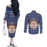Serbia Christmas Couples Matching Off The Shoulder Long Sleeve Dress and Long Sleeve Button Shirt with Traditional Santa Eagle Serbian Coat of Arms and Blue Red White Folk Pattern Design - Wonder Print Shop