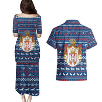 Serbia Christmas Couples Matching Puletasi and Hawaiian Shirt with Traditional Santa Eagle Serbian Coat of Arms and Blue Red White Folk Pattern Design - Wonder Print Shop