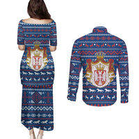 Serbia Christmas Couples Matching Puletasi and Long Sleeve Button Shirt with Traditional Santa Eagle Serbian Coat of Arms and Blue Red White Folk Pattern Design - Wonder Print Shop