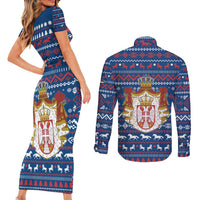 Serbia Christmas Couples Matching Short Sleeve Bodycon Dress and Long Sleeve Button Shirt with Traditional Santa Eagle Serbian Coat of Arms and Blue Red White Folk Pattern Design - Wonder Print Shop