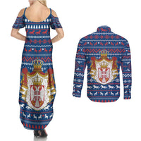Serbia Christmas Couples Matching Summer Maxi Dress and Long Sleeve Button Shirt with Traditional Santa Eagle Serbian Coat of Arms and Blue Red White Folk Pattern Design - Wonder Print Shop