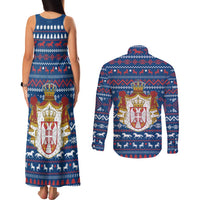 Serbia Christmas Couples Matching Tank Maxi Dress and Long Sleeve Button Shirt with Traditional Santa Eagle Serbian Coat of Arms and Blue Red White Folk Pattern Design - Wonder Print Shop