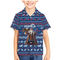 Serbia Christmas Family Matching Mermaid Dress and Hawaiian Shirt with Traditional Santa Eagle Serbian Coat of Arms and Blue Red White Folk Pattern Design - Wonder Print Shop
