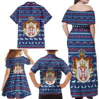 Serbia Christmas Family Matching Off Shoulder Maxi Dress and Hawaiian Shirt with Traditional Santa Eagle Serbian Coat of Arms and Blue Red White Folk Pattern Design - Wonder Print Shop