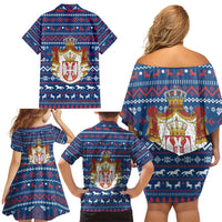 Serbia Christmas Family Matching Off Shoulder Short Dress and Hawaiian Shirt with Traditional Santa Eagle Serbian Coat of Arms and Blue Red White Folk Pattern Design - Wonder Print Shop
