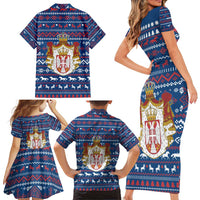 Serbia Christmas Family Matching Short Sleeve Bodycon Dress and Hawaiian Shirt with Traditional Santa Eagle Serbian Coat of Arms and Blue Red White Folk Pattern Design - Wonder Print Shop