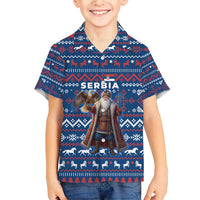 Serbia Christmas Family Matching Short Sleeve Bodycon Dress and Hawaiian Shirt with Traditional Santa Eagle Serbian Coat of Arms and Blue Red White Folk Pattern Design - Wonder Print Shop