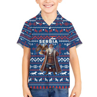 Serbia Christmas Hawaiian Shirt with Traditional Santa Eagle Serbian Coat of Arms and Blue Red White Folk Pattern Design - Wonder Print Shop