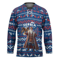 Serbia Christmas Hockey Jersey with Traditional Santa Eagle Serbian Coat of Arms and Blue Red White Folk Pattern Design - Wonder Print Shop