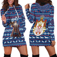 Serbia Christmas Hoodie Dress with Traditional Santa Eagle Serbian Coat of Arms and Blue Red White Folk Pattern Design - Wonder Print Shop
