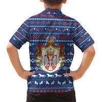Serbia Christmas Kid Hawaiian Shirt with Traditional Santa Eagle Serbian Coat of Arms and Blue Red White Folk Pattern Design - Wonder Print Shop