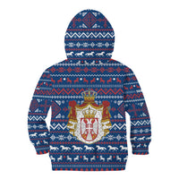 Serbia Christmas Kid Hoodie with Traditional Santa Eagle Serbian Coat of Arms and Blue Red White Folk Pattern Design - Wonder Print Shop
