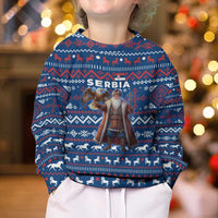 Serbia Christmas Kid Ugly Christmas Sweater with Traditional Santa Eagle Serbian Coat of Arms and Blue Red White Folk Pattern Design - Wonder Print Shop