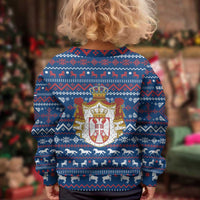 Serbia Christmas Kid Ugly Christmas Sweater with Traditional Santa Eagle Serbian Coat of Arms and Blue Red White Folk Pattern Design - Wonder Print Shop