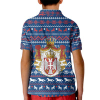 Serbia Christmas Kid Polo Shirt with Traditional Santa Eagle Serbian Coat of Arms and Blue Red White Folk Pattern Design - Wonder Print Shop