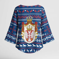 Serbia Christmas Kimono Sleeve Blouse with Traditional Santa Eagle Serbian Coat of Arms and Blue Red White Folk Pattern Design - Wonder Print Shop