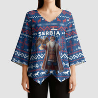 Serbia Christmas Kimono Sleeve Blouse with Traditional Santa Eagle Serbian Coat of Arms and Blue Red White Folk Pattern Design - Wonder Print Shop