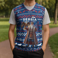 Serbia Christmas Knitted V-Neck Vest with Traditional Santa Eagle Serbian Coat of Arms and Blue Red White Folk Pattern Design - Wonder Print Shop