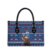 Serbia Christmas Leather Bag with Traditional Santa Eagle Serbian Coat of Arms and Blue Red White Folk Pattern Design - Wonder Print Shop